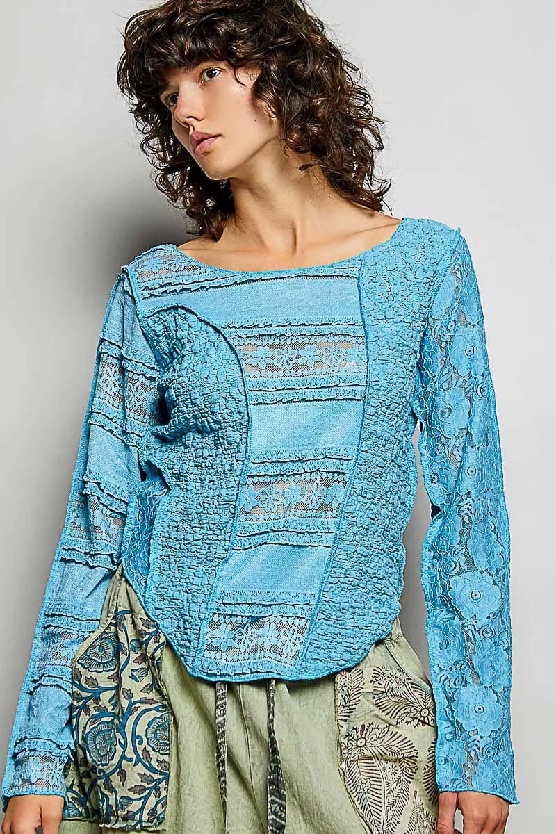POL Round Neck Long Sleeve Exposed Seam Top with Lace Detail - 
