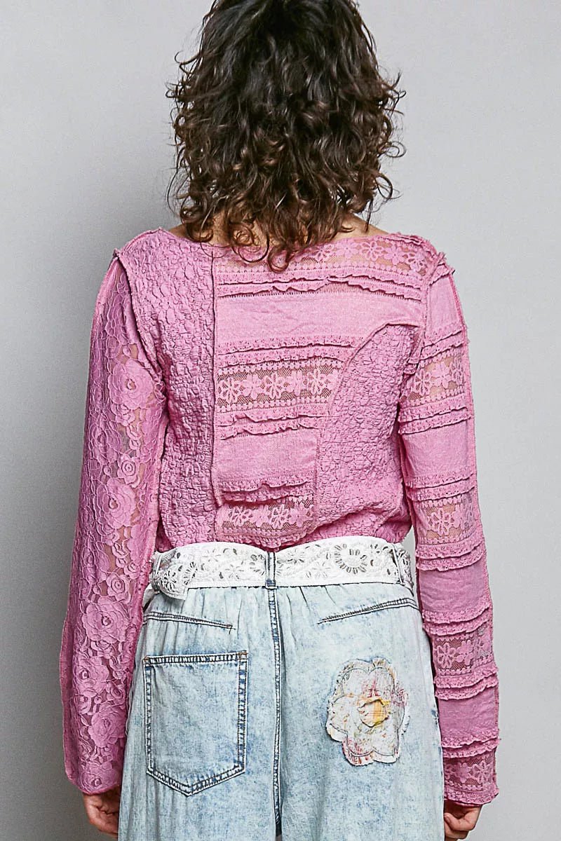POL Round Neck Long Sleeve Exposed Seam Top with Lace Detail - 