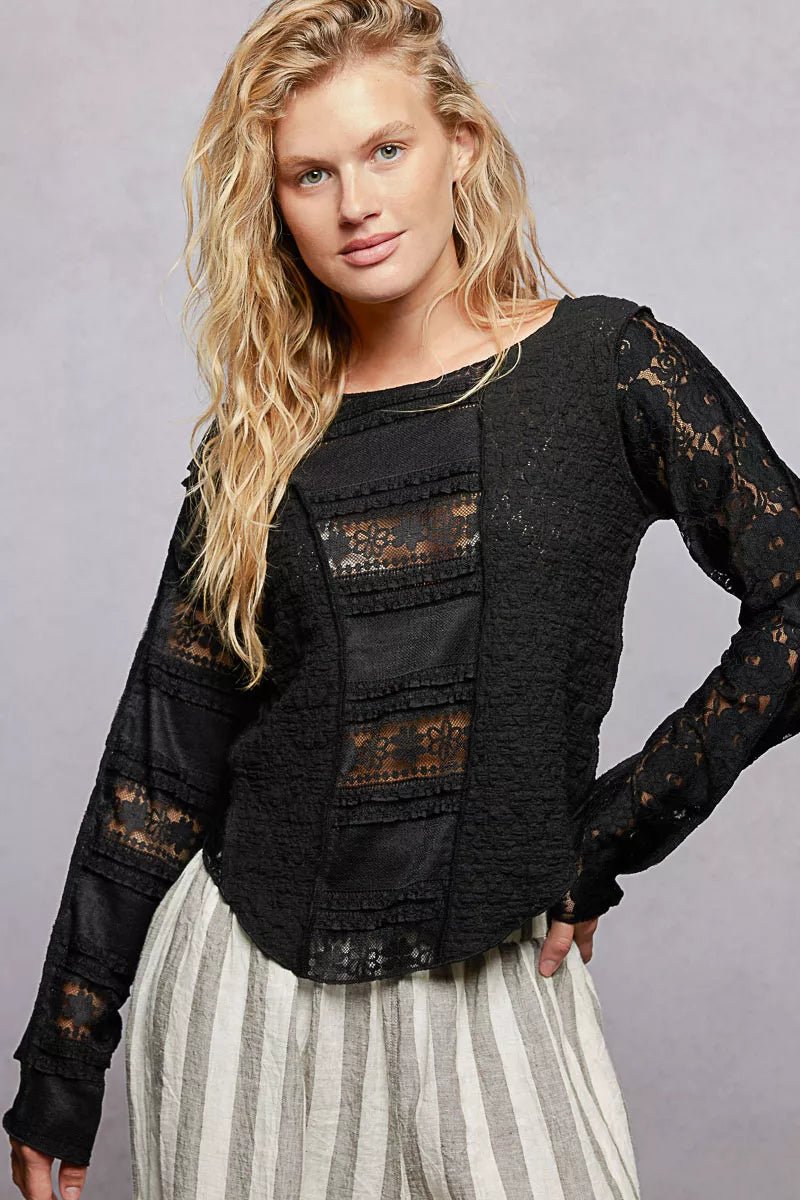 POL Round Neck Long Sleeve Exposed Seam Top with Lace Detail - 