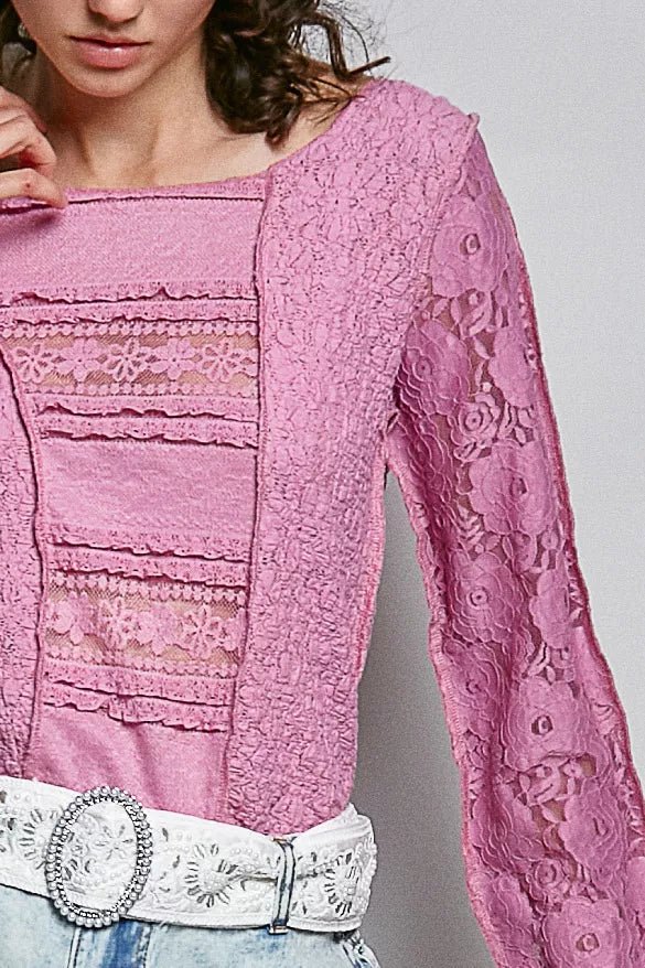 POL Round Neck Long Sleeve Exposed Seam Top with Lace Detail - 