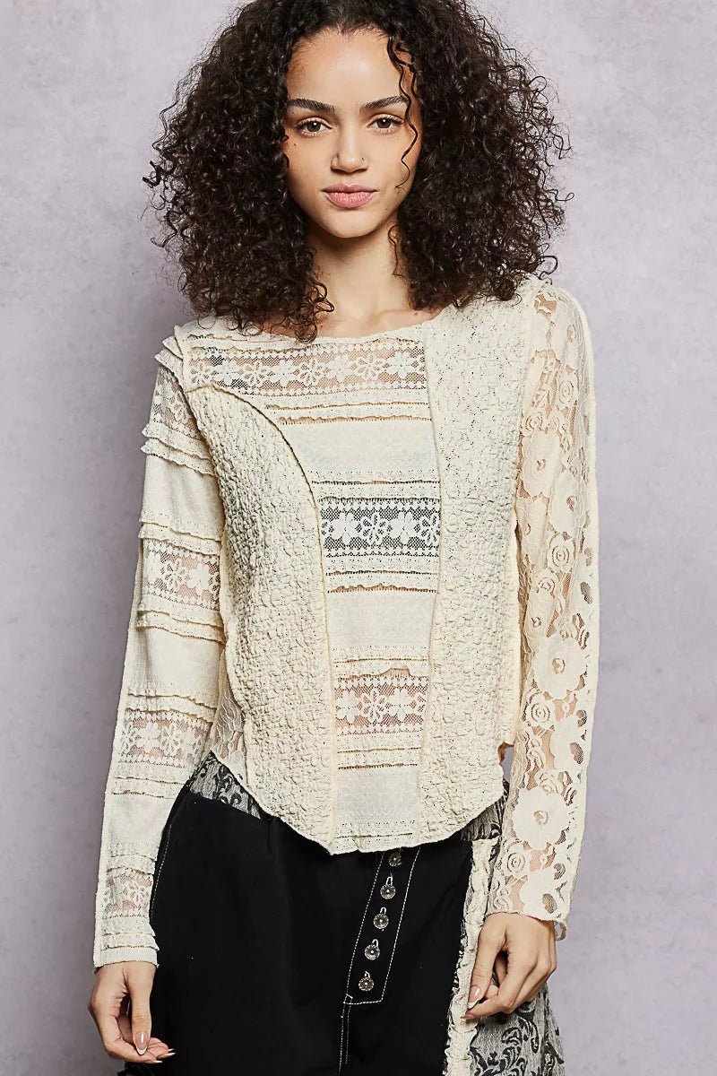 POL Round Neck Long Sleeve Exposed Seam Top with Lace Detail - 