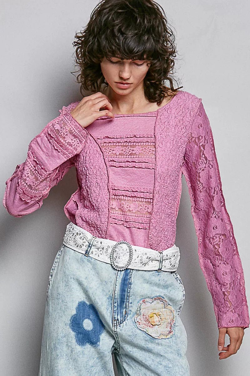 POL Round Neck Long Sleeve Exposed Seam Top with Lace Detail - 