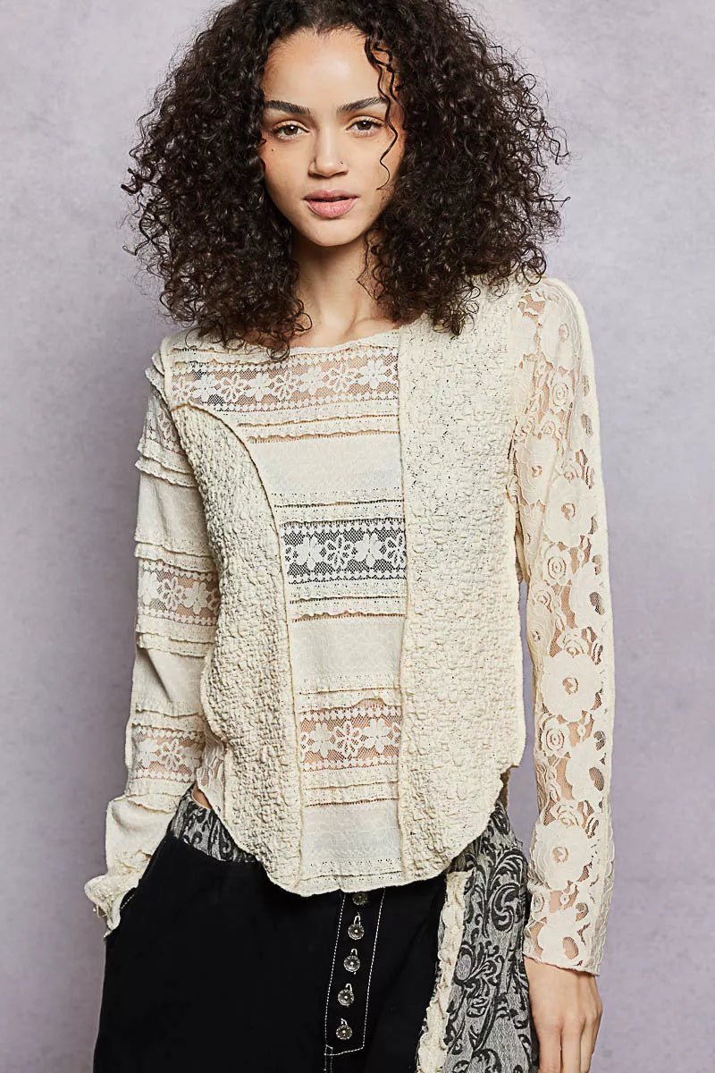 POL Round Neck Long Sleeve Exposed Seam Top with Lace Detail - 