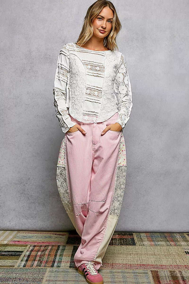 POL Round Neck Long Sleeve Exposed Seam Top with Lace Detail - 