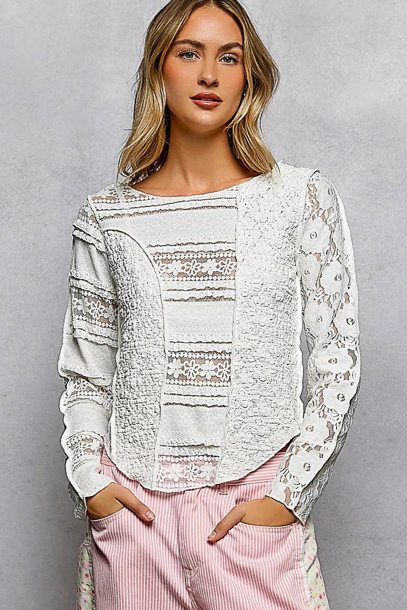 POL Round Neck Long Sleeve Exposed Seam Top with Lace Detail - 