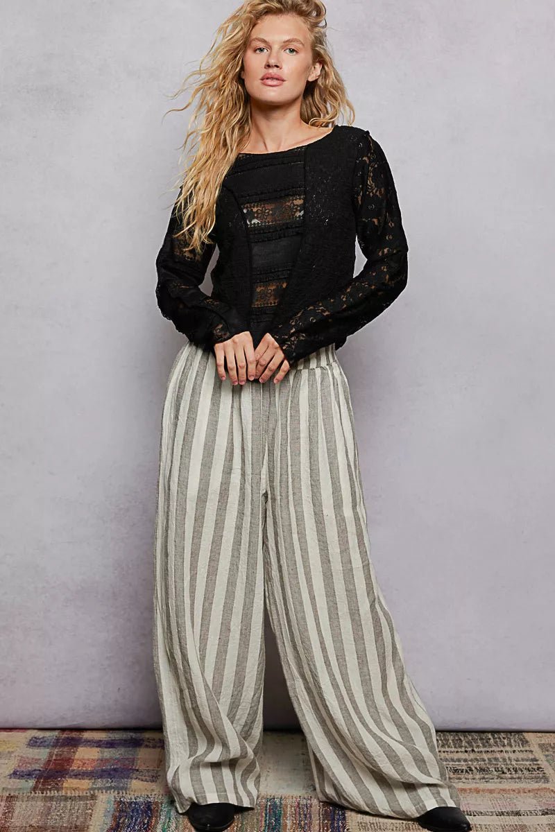 POL Round Neck Long Sleeve Exposed Seam Top with Lace Detail - 