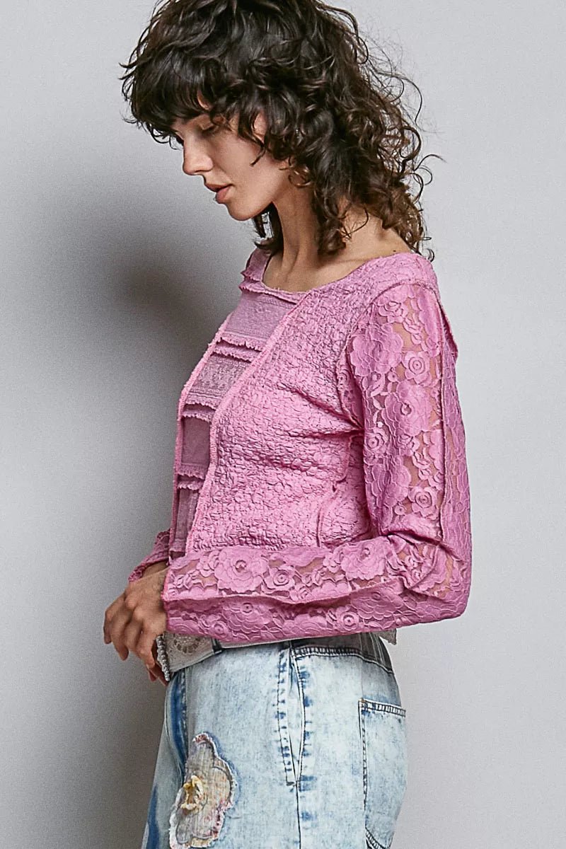 POL Round Neck Long Sleeve Exposed Seam Top with Lace Detail - 