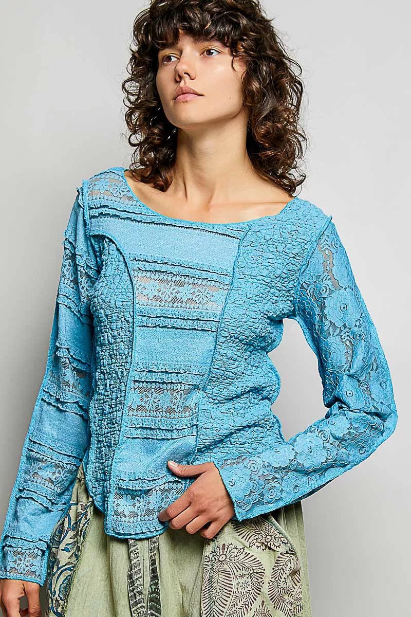 POL Round Neck Long Sleeve Exposed Seam Top with Lace Detail - 