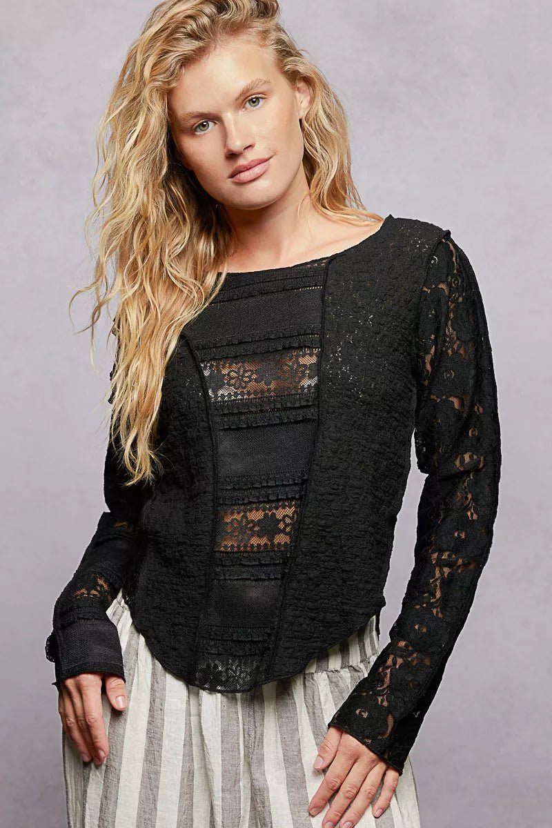 POL Round Neck Long Sleeve Exposed Seam Top with Lace Detail - 