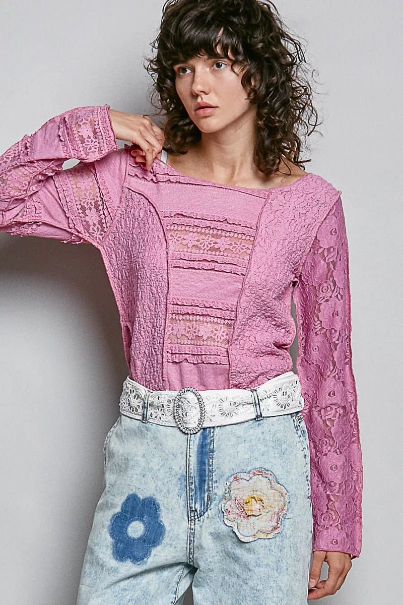 POL Round Neck Long Sleeve Exposed Seam Top with Lace Detail - 