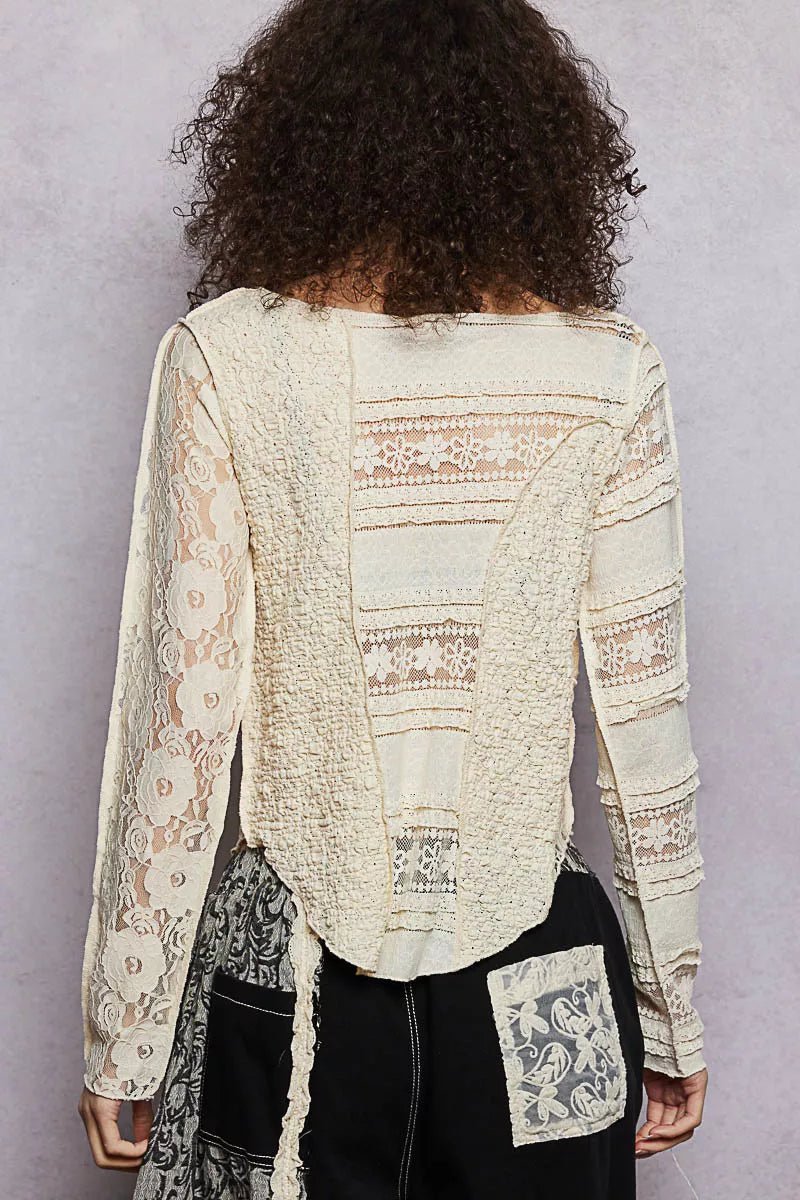 POL Round Neck Long Sleeve Exposed Seam Top with Lace Detail - 