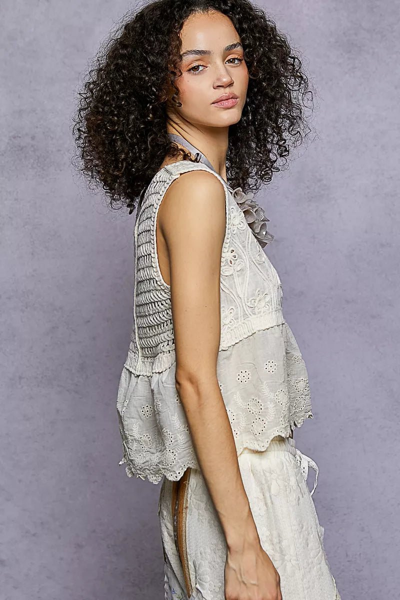 POL Sleeveless Flowy Fit Crochet Top with Scalloped Border Accents - 
