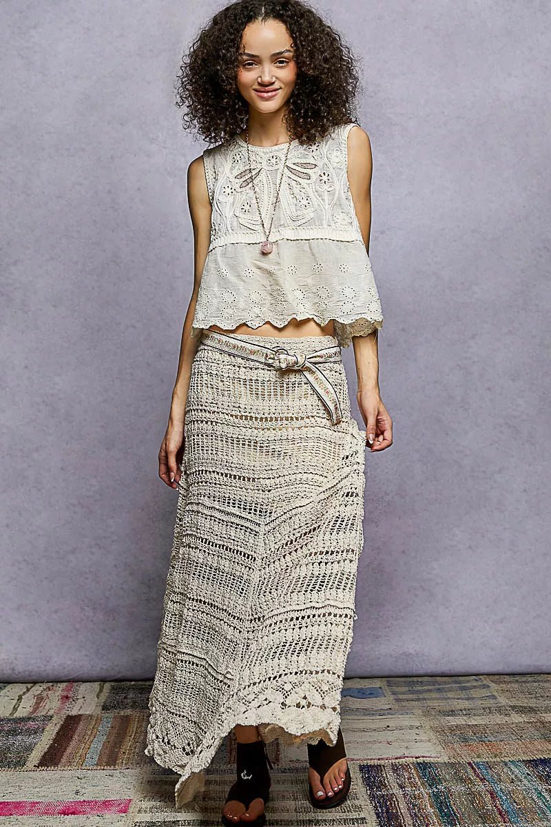 POL Sleeveless Flowy Fit Crochet Top with Scalloped Border Accents - 