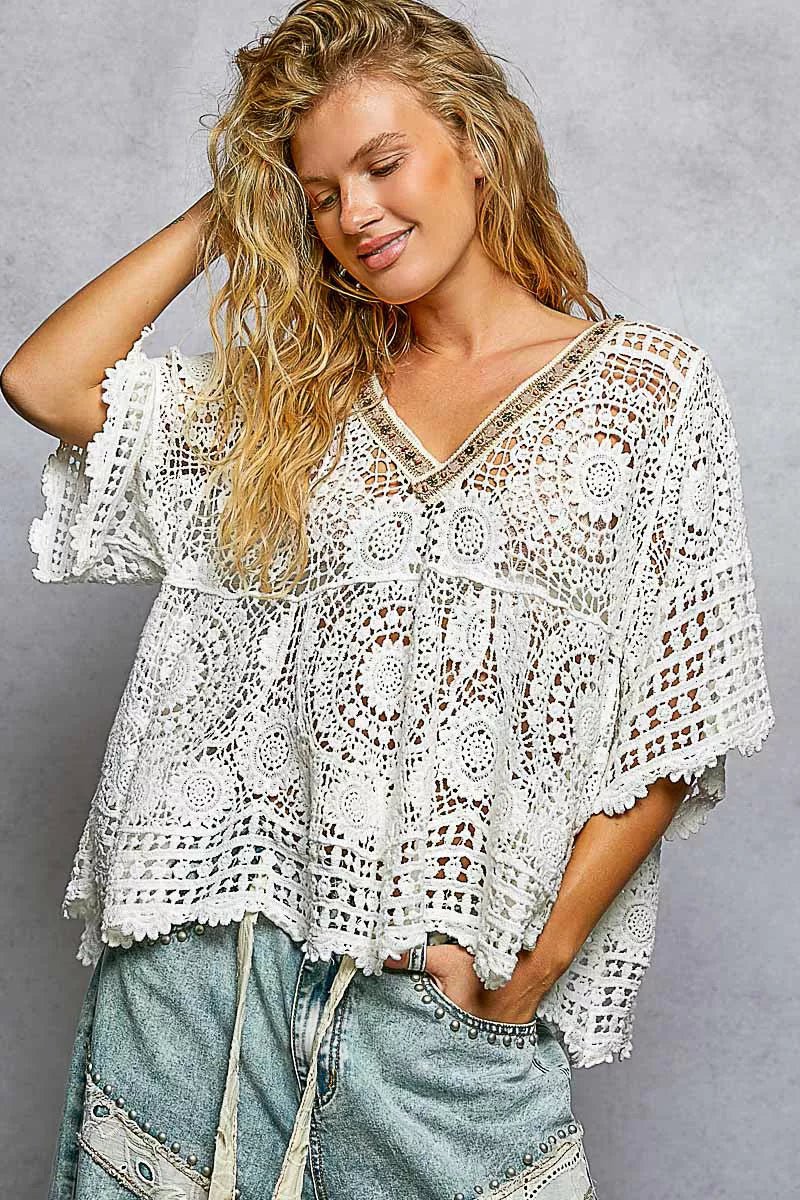 POL V - Neck Crochet Top with Scalloped Hem - 