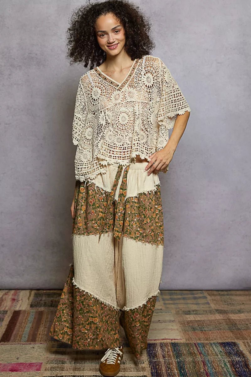 POL V - Neck Crochet Top with Scalloped Hem - 