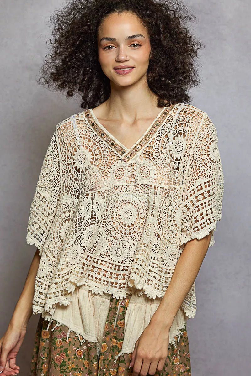 POL V - Neck Crochet Top with Scalloped Hem - 