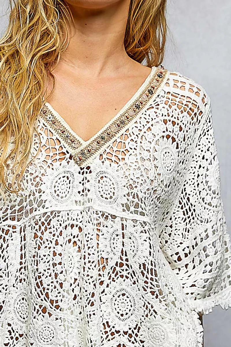 POL V - Neck Crochet Top with Scalloped Hem - 