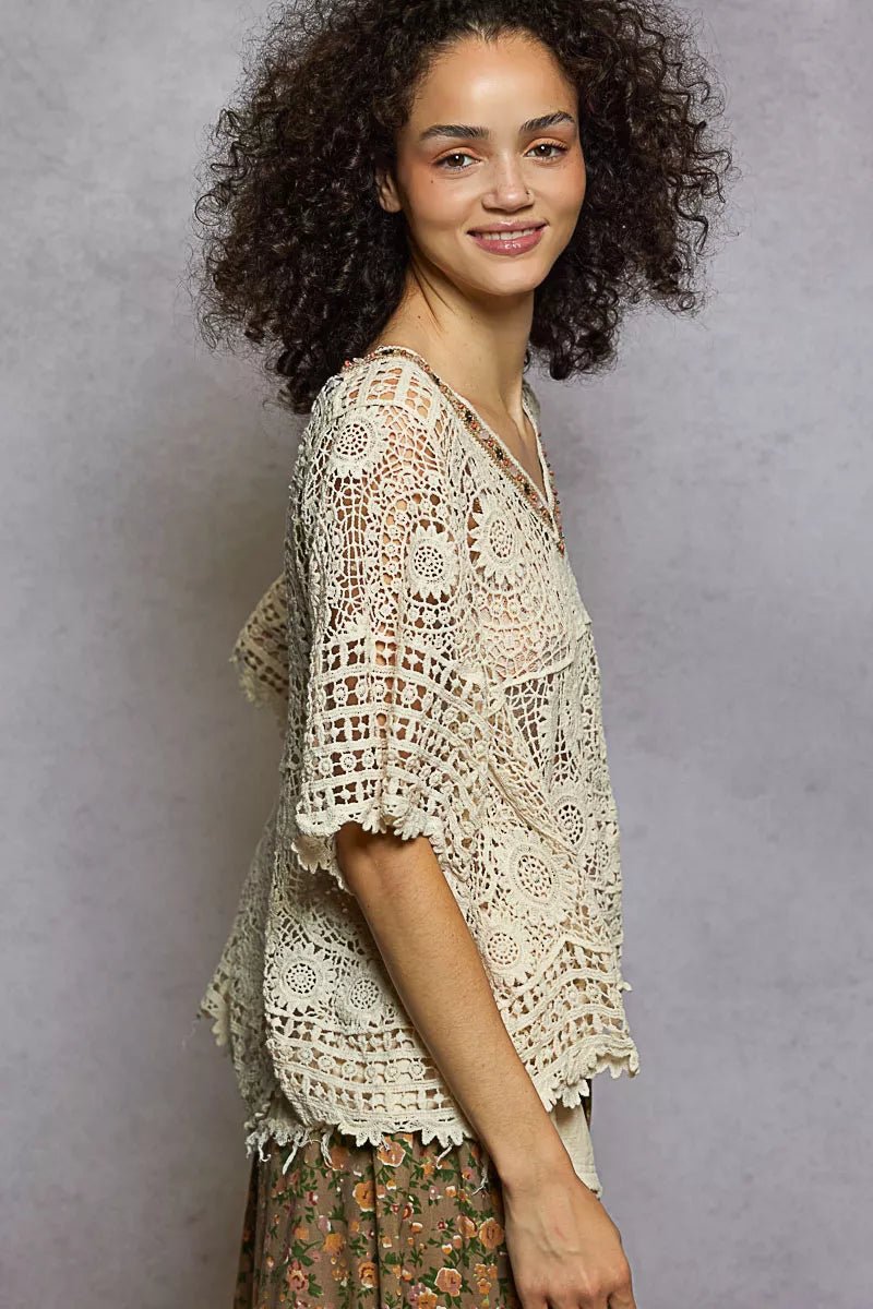 POL V - Neck Crochet Top with Scalloped Hem - 