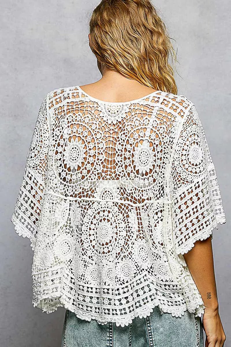 POL V - Neck Crochet Top with Scalloped Hem - 