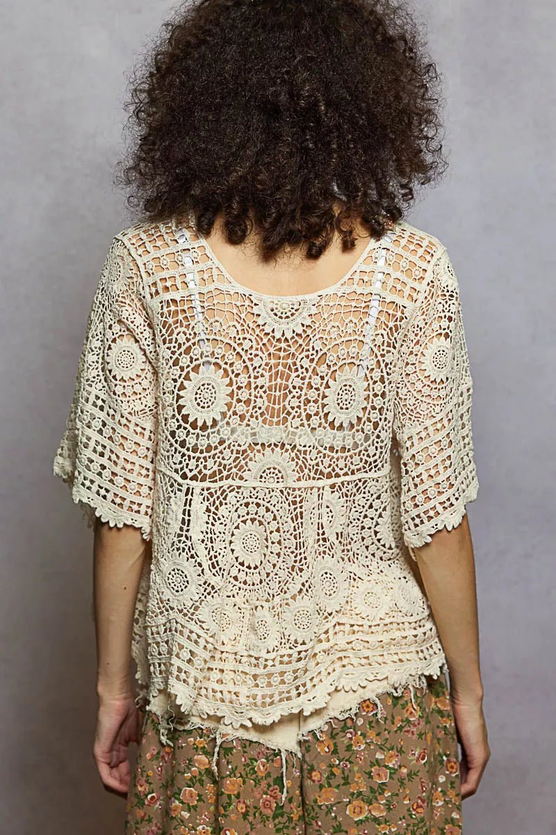 POL V - Neck Crochet Top with Scalloped Hem - 