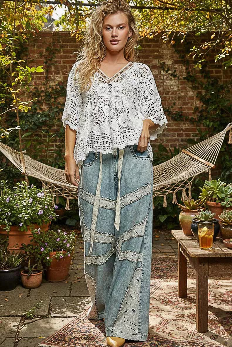POL V - Neck Crochet Top with Scalloped Hem - 