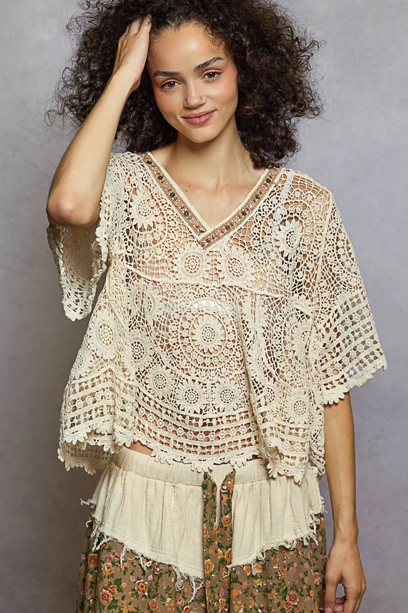 POL V - Neck Crochet Top with Scalloped Hem - 