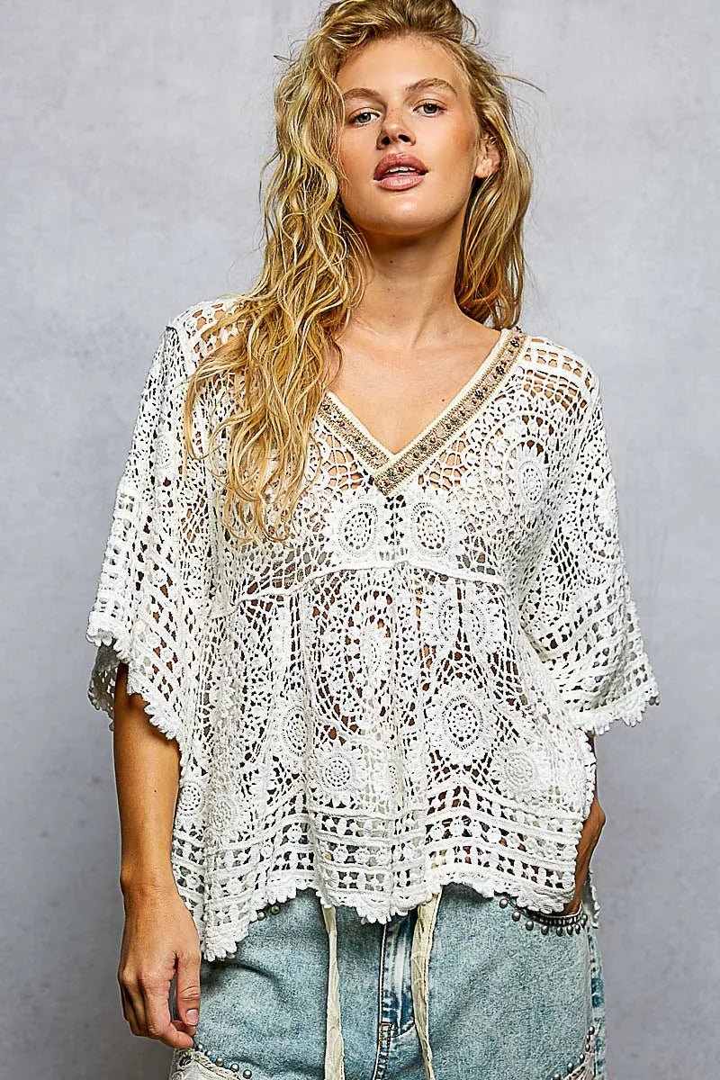 POL V - Neck Crochet Top with Scalloped Hem - 