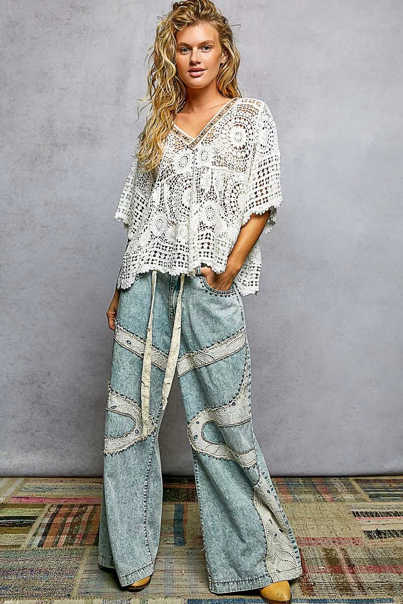 POL V - Neck Crochet Top with Scalloped Hem - 