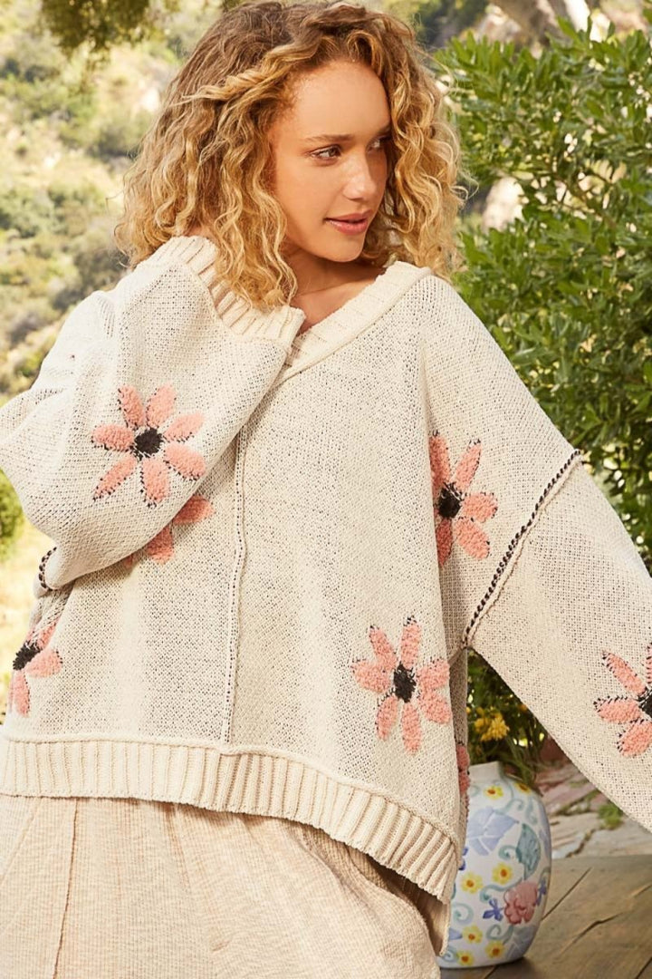 POL V - Neck Floral Pattern Chenille Sweater - Outerwear