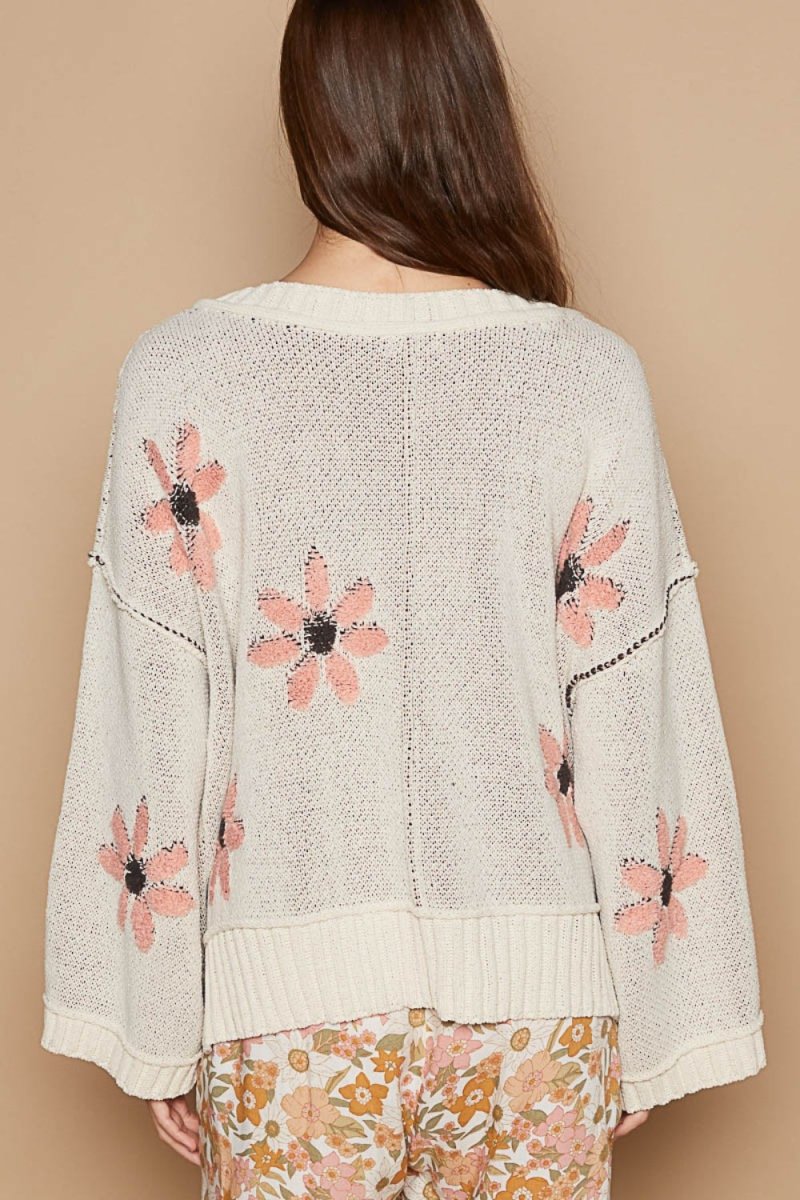 POL V - Neck Floral Pattern Chenille Sweater - Outerwear
