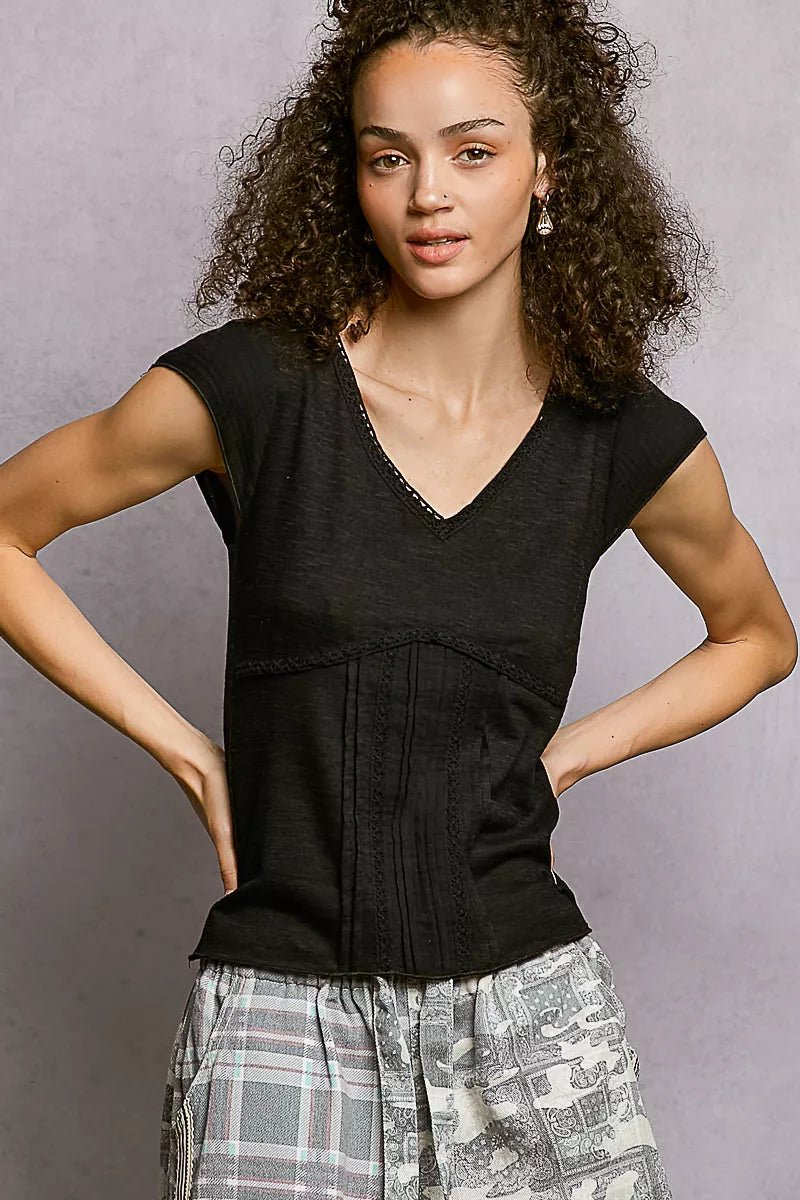 POL V - Neck Lightweight Textured Short Sleeve Knit Top with Lace Trim - 