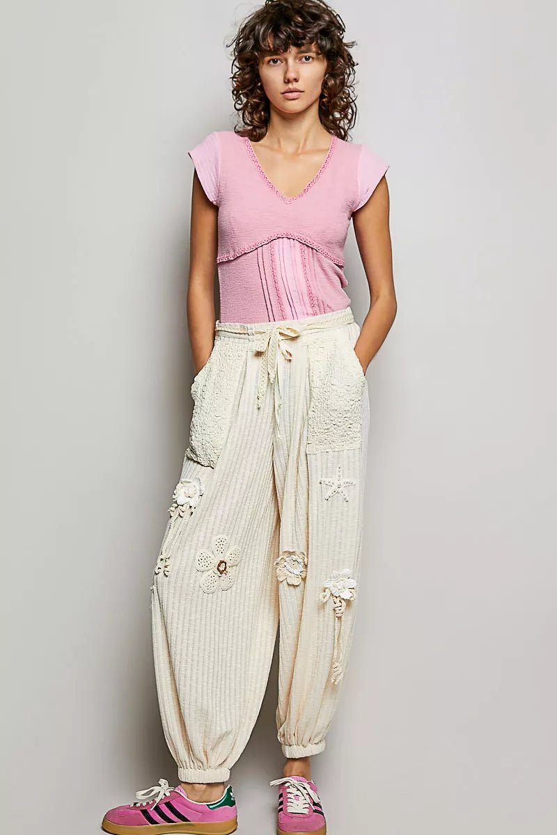 POL V - Neck Lightweight Textured Short Sleeve Knit Top with Lace Trim - 