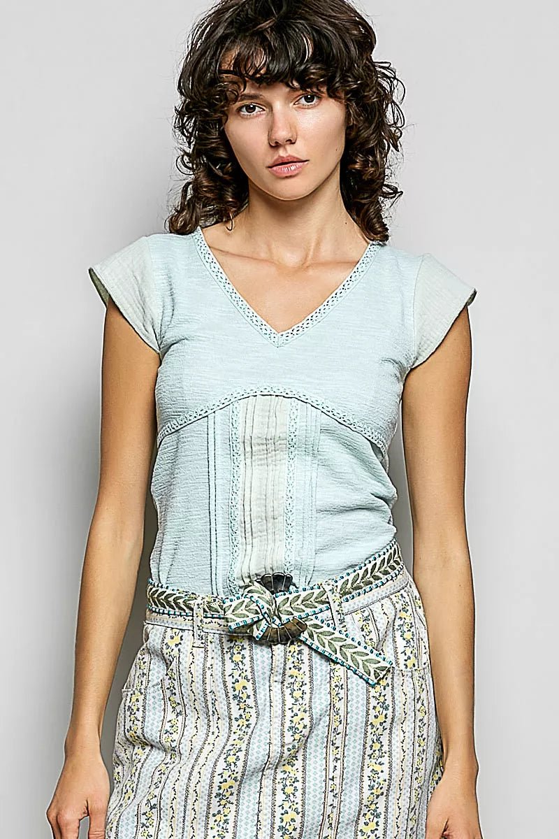 POL V - Neck Lightweight Textured Short Sleeve Knit Top with Lace Trim - 