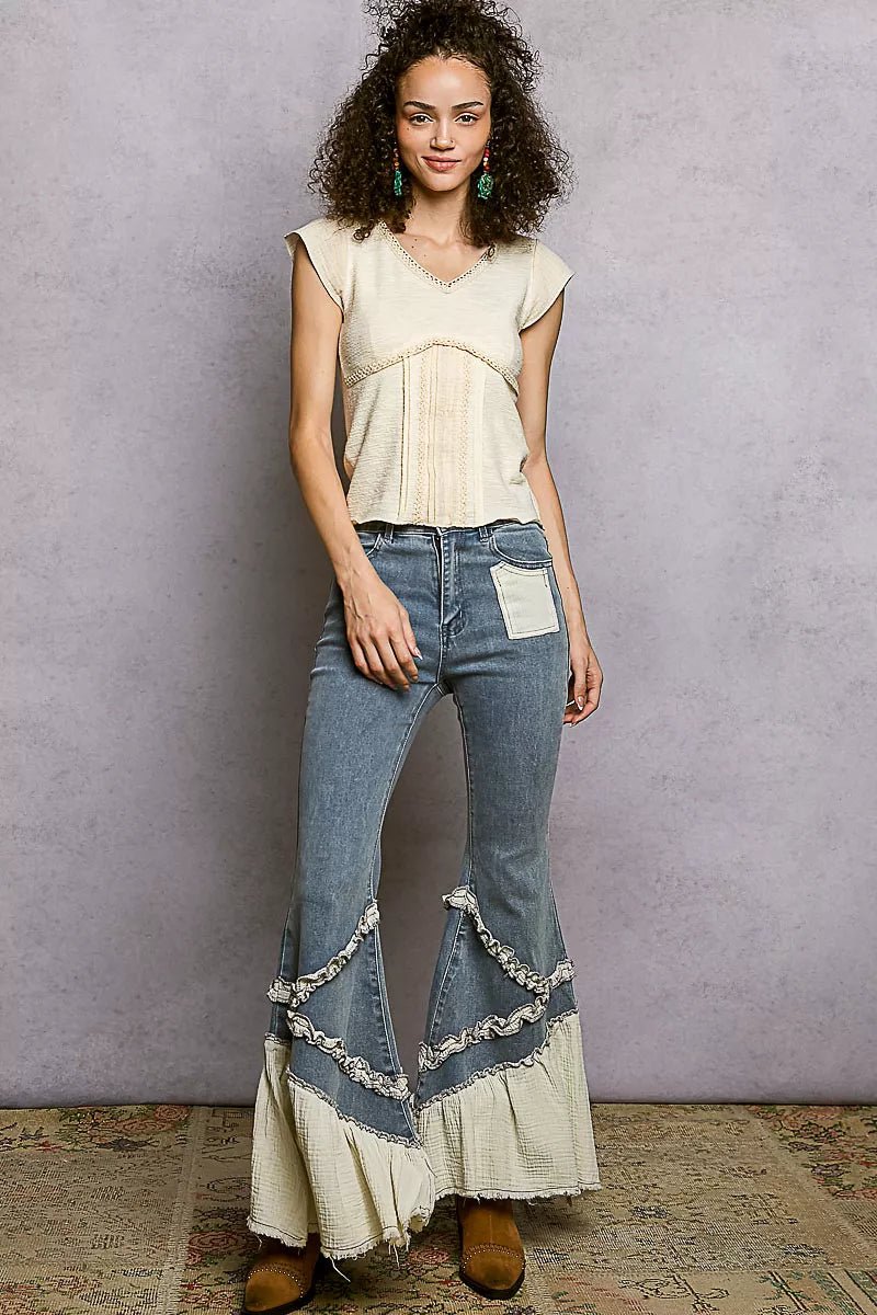 POL V - Neck Lightweight Textured Short Sleeve Knit Top with Lace Trim - 