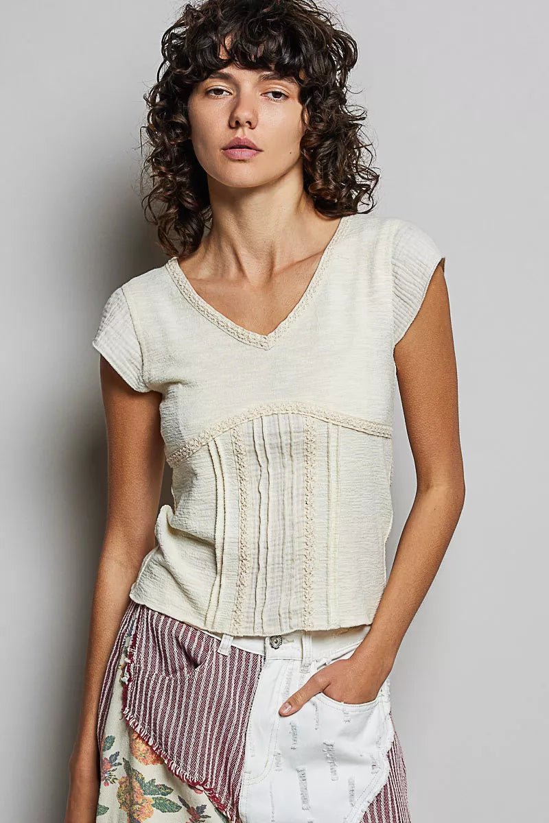 POL V - Neck Lightweight Textured Short Sleeve Knit Top with Lace Trim - 
