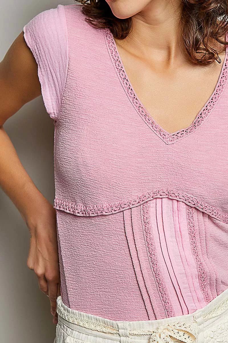 POL V - Neck Lightweight Textured Short Sleeve Knit Top with Lace Trim - 
