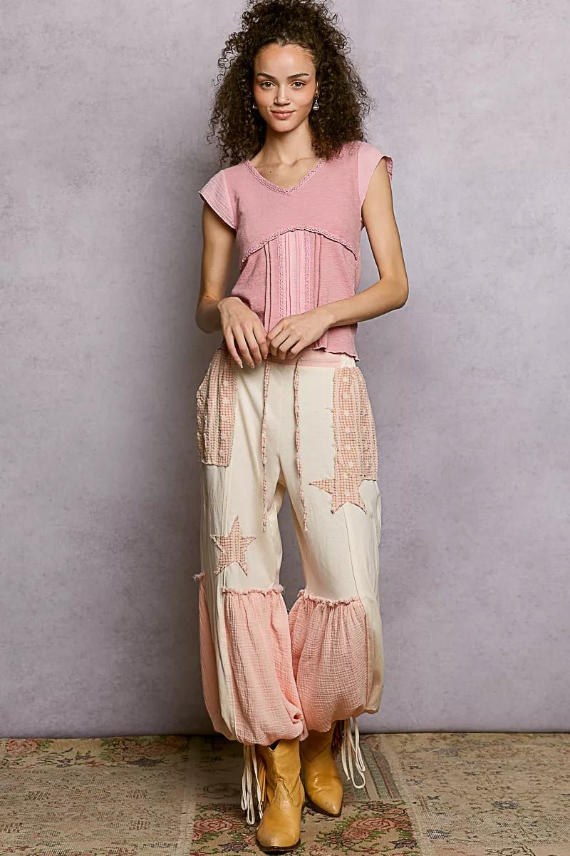 POL V - Neck Lightweight Textured Short Sleeve Knit Top with Lace Trim - 