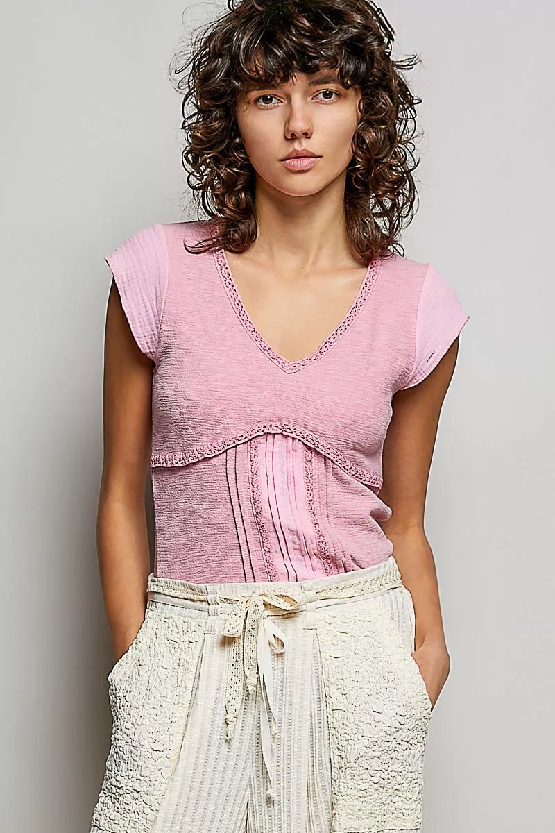 POL V - Neck Lightweight Textured Short Sleeve Knit Top with Lace Trim - 