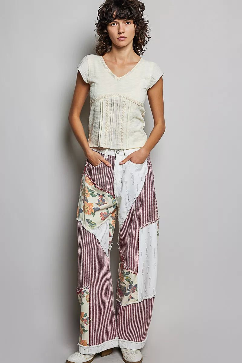 POL V - Neck Lightweight Textured Short Sleeve Knit Top with Lace Trim - 