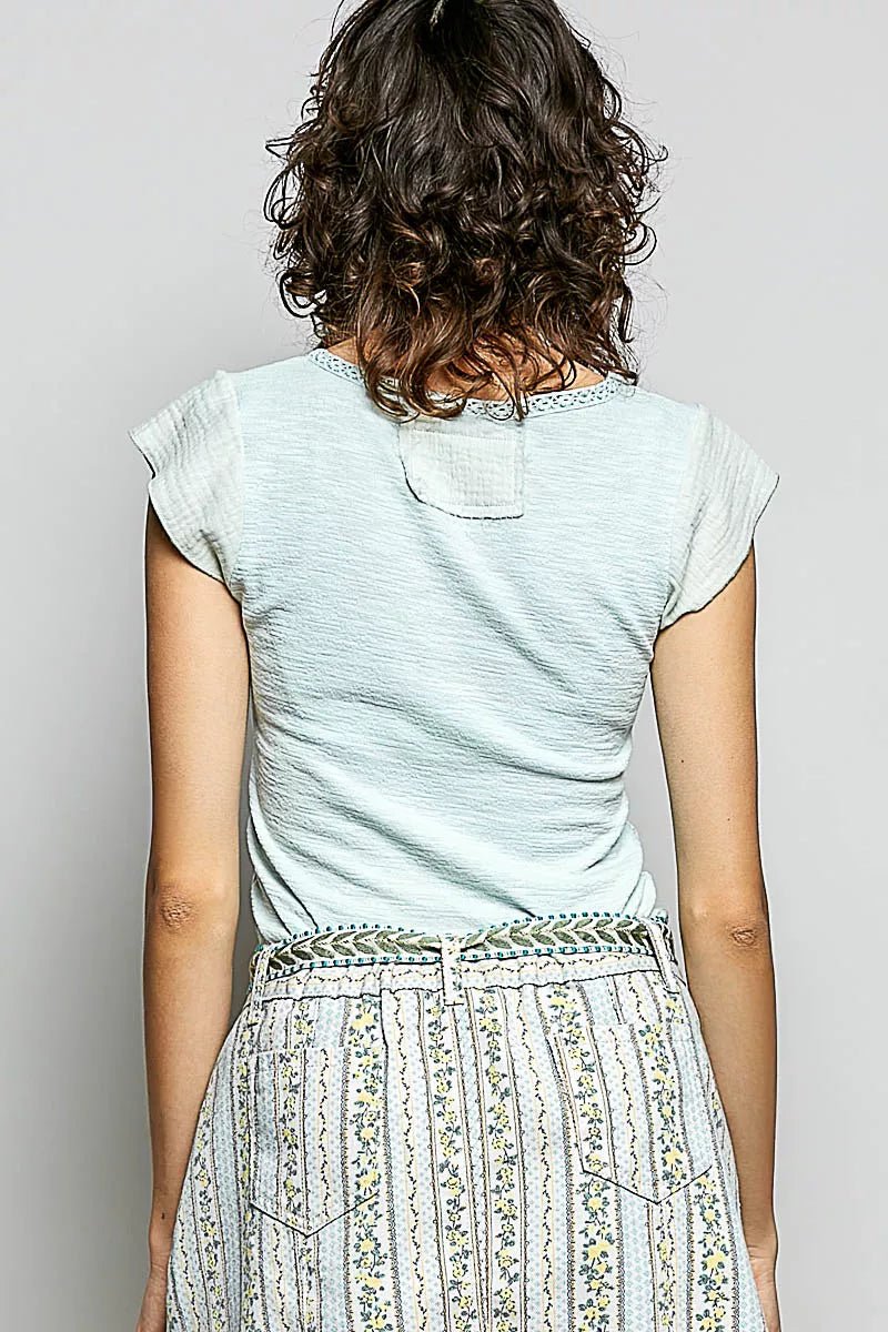 POL V - Neck Lightweight Textured Short Sleeve Knit Top with Lace Trim - 