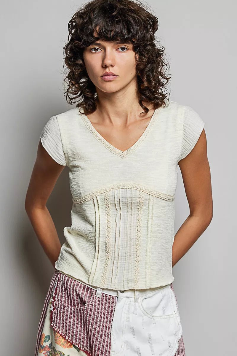 POL V - Neck Lightweight Textured Short Sleeve Knit Top with Lace Trim - 