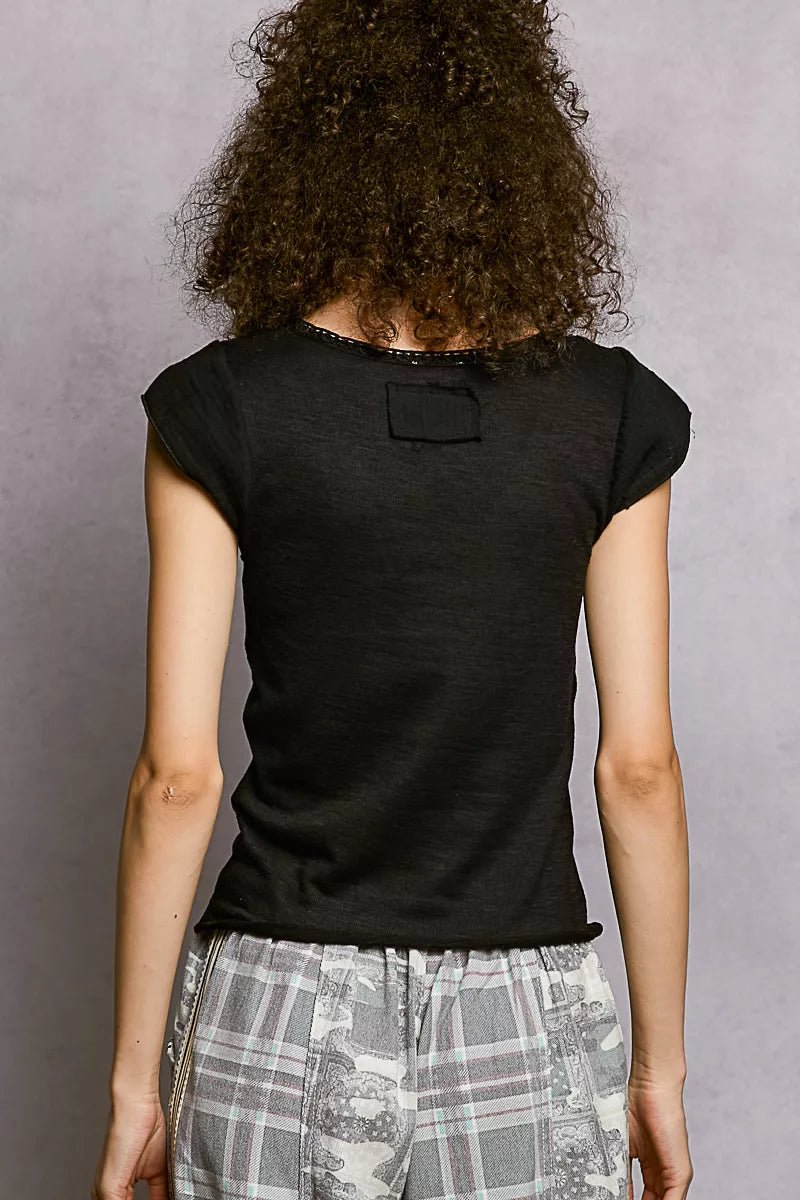 POL V - Neck Lightweight Textured Short Sleeve Knit Top with Lace Trim - 