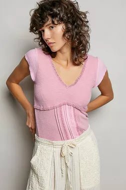 POL V - Neck Lightweight Textured Short Sleeve Knit Top with Lace Trim - 