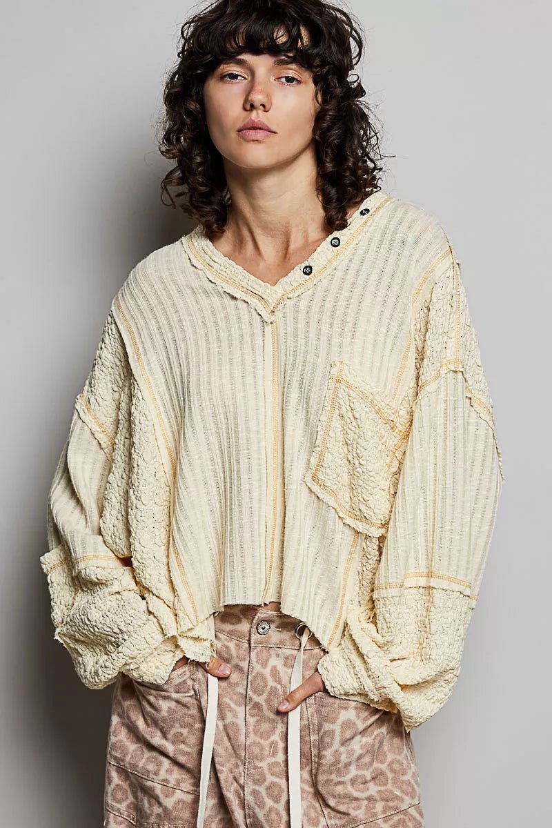 POL V - Neck Long Sleeve Top with Stitch Detail - 