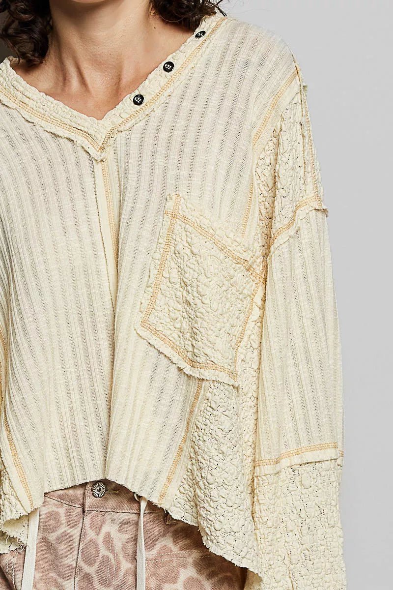 POL V - Neck Long Sleeve Top with Stitch Detail - 