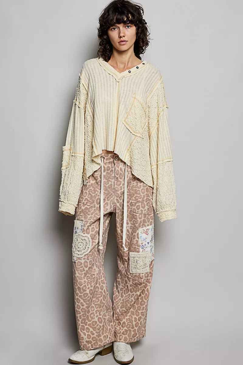 POL V - Neck Long Sleeve Top with Stitch Detail - 