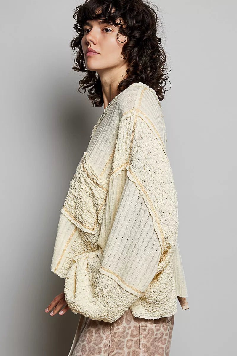 POL V - Neck Long Sleeve Top with Stitch Detail - 