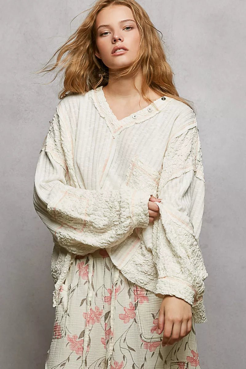 POL V - Neck Long Sleeve Top with Stitch Detail - 