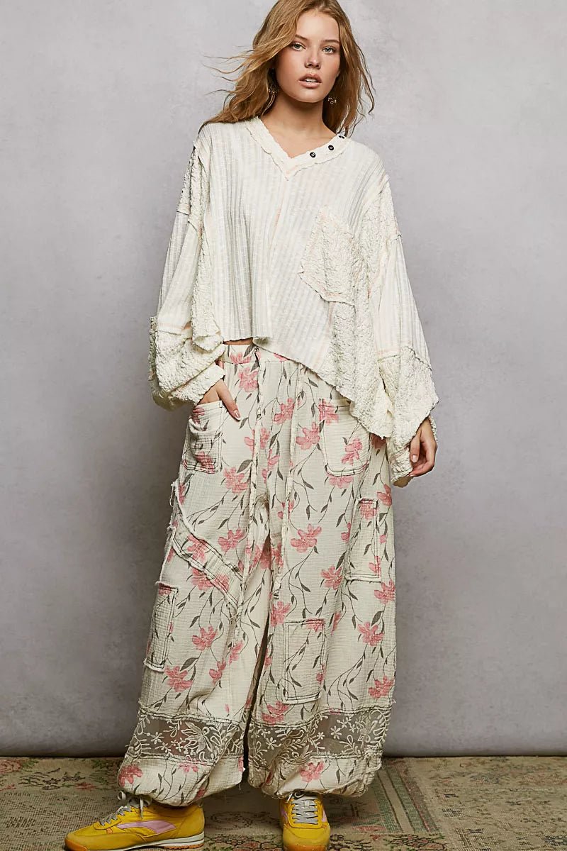 POL V - Neck Long Sleeve Top with Stitch Detail - 