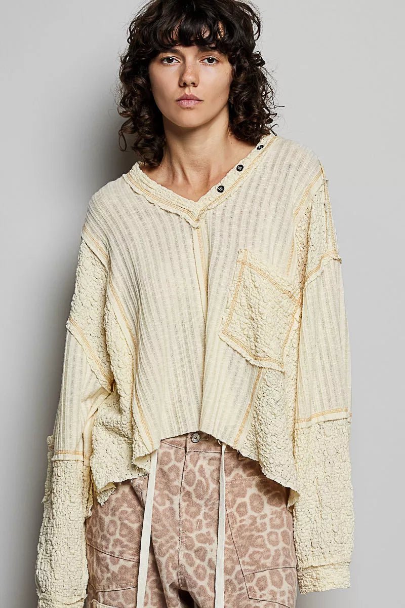 POL V - Neck Long Sleeve Top with Stitch Detail - 